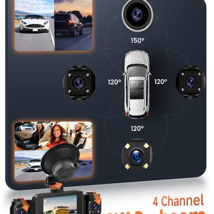 Auto videoregistraator 360°, 4 kaameraga FHD 1080P ees ja taga vasakul ja paremal, 2,4-tolline 1080P videoregistraator IR öönägemise/silmusvideo/24H parkimismonitori/G-anduri/parkimisabiga, 64 GB mälukaardiga