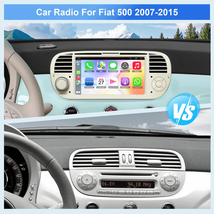 Autoraadio FIAT 500-le (2007-2015), 7-tolline IPS HD ekraan, juhtmevaba CarPlay ja Android Auto, GPS-navigatsioon, Wi-Fi, Bluetooth 5.2, tahavaatekaamera, hääljuhtimine, SWC ja FM-raadio