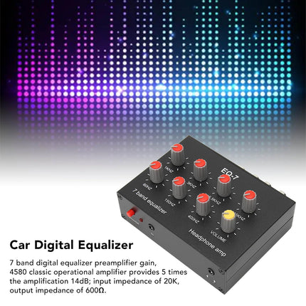 7 Band Car Audio Equalizer, Digital Two-Channel Equalizer, 3.5 mm interface, Input impedance of 20 K, Output input