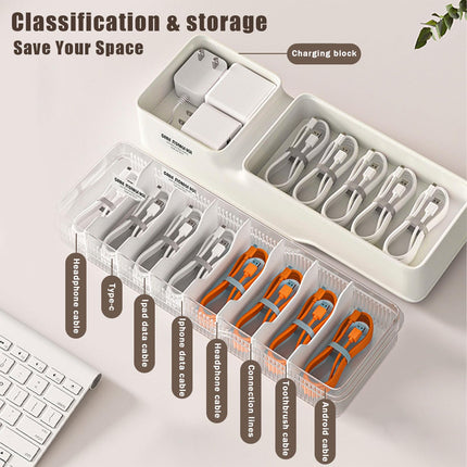 YTACREA Cable Organizer Box with Lid - Double Layer, White Cable Box with Adjustable Compartments, Cable Organizer for Charging Cables, Batteries, Cable Management on the Desk, Cable Management Box, 1 Piece