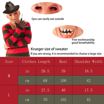 Yearsahrk Freddy Kruegeri kostüüm, 4-osaline õudusunenäo kostüüm, triibuline kampsun, hirmutav mask, kinnas küünisega, kauboi müts, halloweeni cosplay täiskasvanutele (suur)