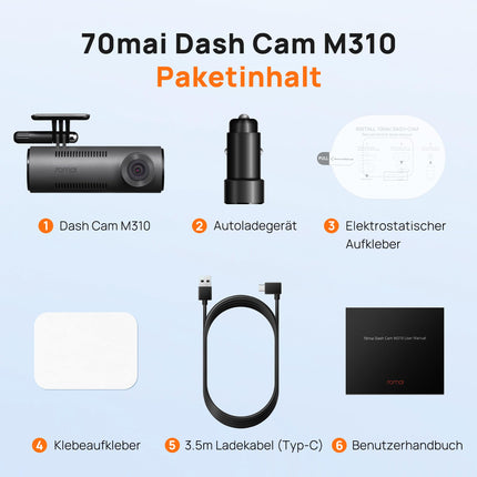 70mai 2K WiFi videoregistraator autodele M310, 1296P WDR autokaamera, öönägemine, 24-tunnine parkimise jälgimine rakenduse juhtimisega, tsükli salvestus, kokkupõrke tuvastamine, max 256 GB