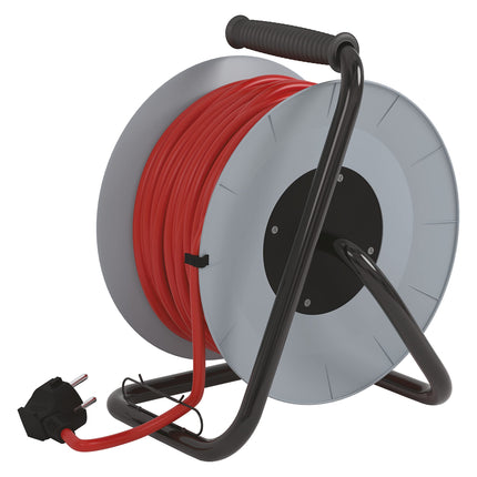 EMOS - 40m kaablirull tugevdatud pikenduskaabliga - 4 Schuko pistikupesa - 230 V, 16 A, 3680 W - PVC isolatsioon - H05VV-F3G 2,5 mm² - ülekuumenemiskaitse - IP20 sisekasutuseks, hall-punane