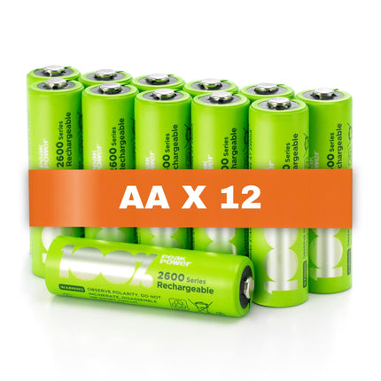 PeakPower AA NiMH battery | 12 AA rechargeable batteries 1.2V | Optimized capacity, low self-discharge, pre-charged | 12 AA rechargeable batteries