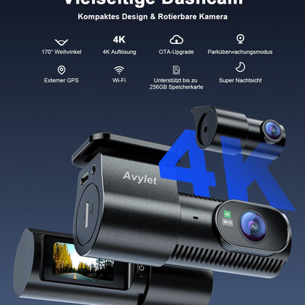 Avylet 4K+1080P auto videoregistraator esi- ja tagaosaga, Wi-Fi/rakendusega topeltkaamera parkimismonitoriga, toetab välist GPS-moodulit, öönägemist, WDR-i, 170°+150° lainurka, G-andurit, max 256GB