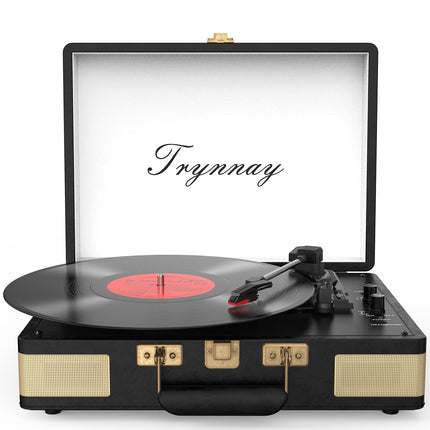 Trynnay Record Player 3-Speed ​​Bluetooth Portable Suitcase Vinyl Player with Built-in Speakers Record Player Enhanced Audio Sound PU Leather Vintage Black
