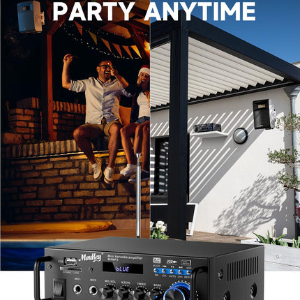 Moukey 2.0 kanaliga stereo Bluetooth karaoke võimendi, 100W stereo helivõimendi vastuvõtja, HiFi võimendi RCA, USB, SD, 2 mikrofoni sisendiga, FM-raadio autosse või koju, MAMP3