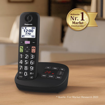 Panasonic KX-TGU130EXB digital cordless phone with answering machine, base station &amp; 1 handset, LCD display, large buttons, favorites button, hearing aid compatible, black