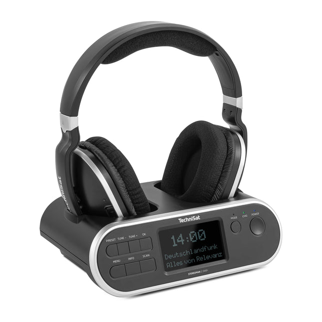 TechniSat STEREOMAN 2 DAB+ - juhtmevabad 2,4 GHz kõrvaklapid (dokkimisjaamaga, DAB+/FM-raadio vastuvõtuga, telerite ja muusikakeskuste jaoks) mustad