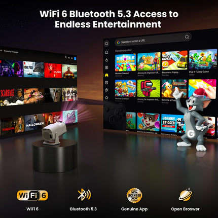 [Netflixi ametlik/stereokõlar] 4K projektor WiFi ja Bluetoothiga, 1080P natiivne mini kaasaskantav projektor, ühe klõpsuga kasutatav sisseehitatud Netflix/YouTube/PrimeVideo/D+, nutika kodu õueprojektor valge