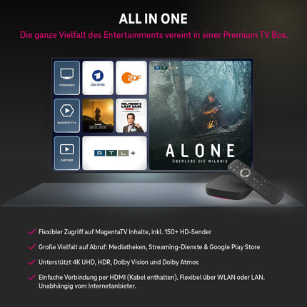 MagentaTV One (2. põlvkond) | Android TV Box WiFi ja LAN-ühendusega | MagentaTV enam kui 150 HD-kanaliga, 4K UHD, HDR, otseülekanne ja ajanihkega video | (Netflix, Disney+, RTL+, DAZN, Wow, Apple TV+) ja Google Play pood