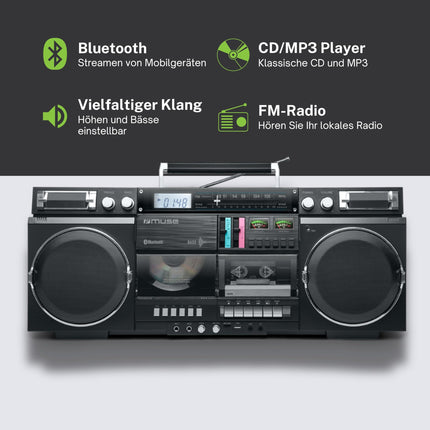 MUSE Bluetooth Retro Boombox with Radio, CD, Cassette Recorder, 80W Output Power, USB, Aux, Micro SD Card Slot