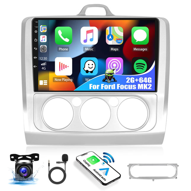 2+64G Android 13 autoraadio Carplay/Android Auto toega Ford Focus Mk2 2004-2011, 9-tollise ekraaniga autoraadio kahe DIN-iga, Bluetooth, navigatsioon, WiFi, Hi-Fi, FM/RDS, tahavaatekaamera, CANBUS