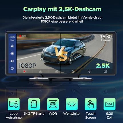 LAMTTO juhtmevaba CarPlay Android Auto, 9,26-tolline kaasaskantav autostereo 2.5K+1080P armatuurlauaga ees ja taga, CarPlay ekraan autole 64G TF, Bluetooth, navigatsioon, Mirror Link, Siri/G00gle, AUX/FM