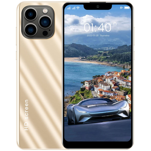 IP13 Pro Max nutitelefon, lukustamata mobiiltelefon näotuvastusega, 6,1-tolline FHD ekraan, 3 GB RAM 32 GB ROM, 2800 mAh aku, kahe SIM-kaardiga ettemakstud nutitelefon, lukustamata GSM-nutitelefon (kuldne)