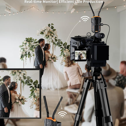 Traadita videoülekande komplekt 200M, Lemorele 5G 1080P HDMI traadita video saatja ja vastuvõtja HDMI loopouti ja IR-ga otseülekande, filmimise ja fotograafia jaoks, 2 * 4400 mAh aku kaasas