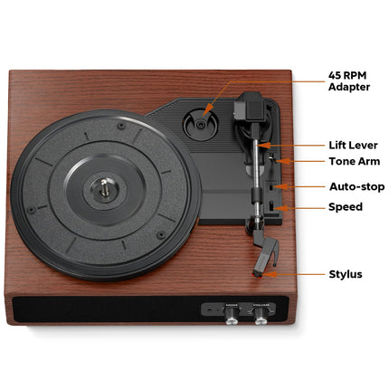 Record Player, FYDEE Vinyl Record Player with Built-in Stereo Speakers, Bluetooth Record Player with Transmitter, 3 Speeds 33/45/78 RPM, Supports RCA and AUX, Walnut