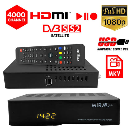 Amiko MIRA3 HD satellite receiver with recording function, card slot, timeshift, HDMI, PVR, USB, WiFi, AAC-LC, SCART, coaxial - satellite receiver HD for satellites, satellite receiver with 12V power supply + HDMI cable M@tec
