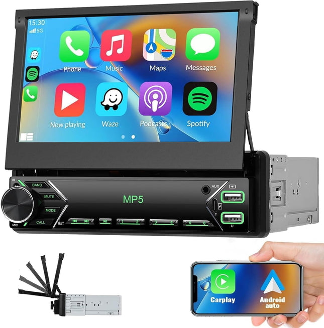 CAMECHO 1 DIN Carplay Android Auto, 7 inch Automatic Screen Car Radio with Bluetooth Handsfree Mirror Link FM 2 USB Port/Type-C/AUX-in