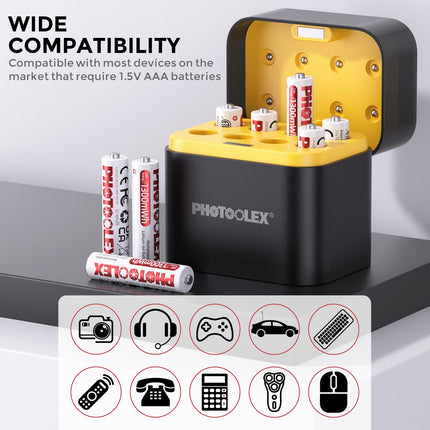 PHOTOOLEX AAA rechargeable lithium batteries 8 pieces with charger, 1300mWh high capacity 1.5V constant output voltage triple A Li-ion battery, 1600+ cycles AAA battery with quick charger