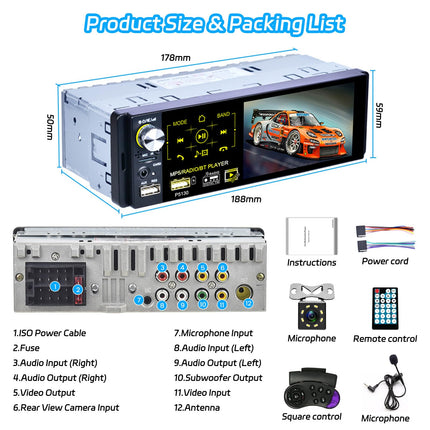 Hikity RDS FM AM Car Radio 1 Din Bluetooth Handsfree 4.1 Inch Screen Touch Display with USB AUX TF MP5 for Android/IOS Car Radio Rear View Camera Microphone