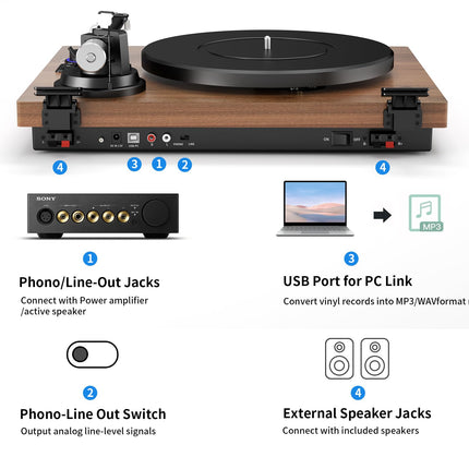 HiFi record player Bluetooth USB, record player with speaker, dual compact stereo system, adjustable counterweight magnetic cartridge, RCA output