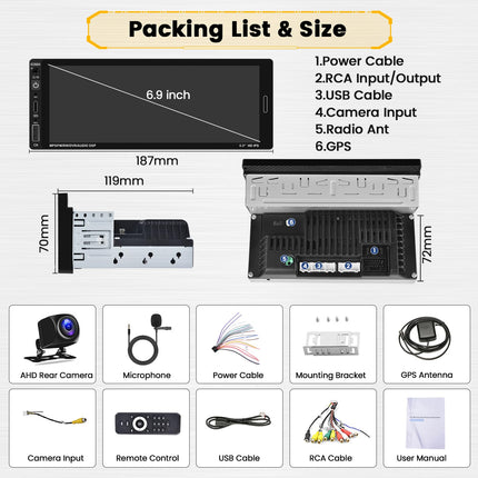 [2+64G] Hikity Android 13 autoraadio 1 DIN juhtmevaba Carplay Android Auto navigatsiooniga GPS 6,9-tolline puutetundlik ekraan Bluetooth Mirror Link FM/RDS EQ WiFi USB Type-C tahavaatekaamera