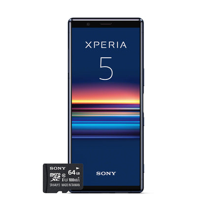Sony Xperia 5 Bundle, 6.1” FHD+ HDR OLED 21:9 display, 6GB RAM, 128GB storage, Blue + free 64GB memory card [Exclusively at Amazon DE]