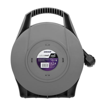Orno AE-13113(GS)/G Mini cable reel 10m with 4 sockets, stand and child safety contacts, 2300W / 10A, 230V, 50Hz, dimensions 22.5 x 28 x 8 cm