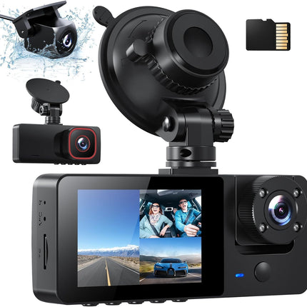 Bestsee 1080P autokaamera esi-, taga- ja sisemusest 64 GB SD-kaardiga, parkimiskaamera, liikumistuvastus, infrapunane öönägemine, G-andur, tsükkelsalvestus, WDR, vaatenurk (170°+150°+150°)