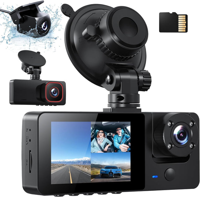 Bestsee 1080P autokaamera esi-, taga- ja sisemusest 64 GB SD-kaardiga, parkimiskaamera, liikumistuvastus, infrapunane öönägemine, G-andur, tsükkelsalvestus, WDR, vaatenurk (170°+150°+150°)