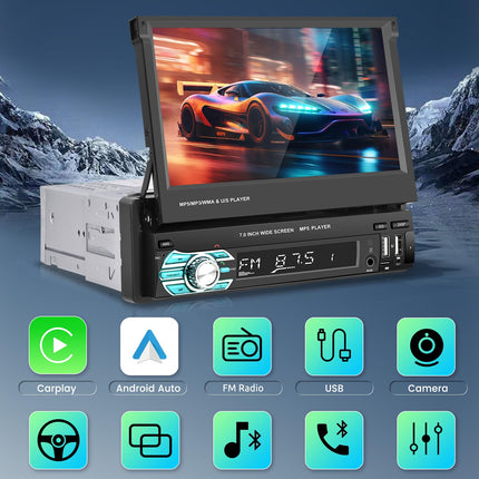 Podofo juhtmevaba Carplay autoraadio 1Din 7-tollise pikendatava ekraaniga, manuaalse ekraaniga, juhtmevaba Android Auto, Bluetooth 5.1, FM, 2USB/AUX/SD/roolil juhtimine, tahavaatekaamera, roolil juhtimine
