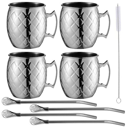 Pasdrucn 450 ml Moscow Mule Mugs Set of 4, Gin Glasses, 3D Embossed Cocktail Glasses with 4 Cocktail Straws and 1 Cleaning Brush, Single-Layer Wine Glasses, Cocktail Glasses, Whiskey Glasses (Silver)
