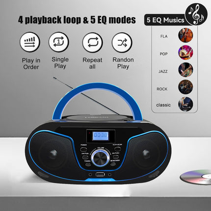 Kaasaskantav CD-mängija Boombox Bluetooth - FM-raadio, USB-sisendi ning AUX- ja kõrvaklappide portidega, 2 x 2-vatise RMS-stereosüsteemiga (LP-D02)