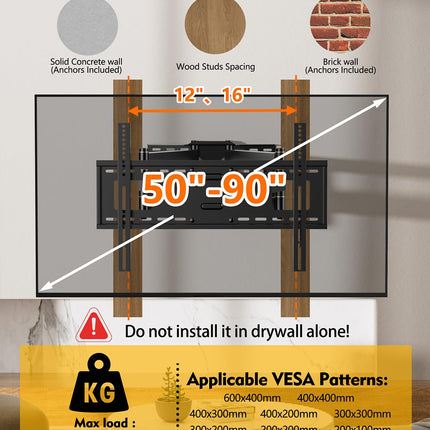 SEPISTATAV KINNITUS TV seinakinnitus 109 cm pikkuse ulatusega, topeltliigendiga vars, täisliikuv, kallutatav, pööratav teleriklamber 50-90-tollistele lame-/kumerteleritele, kandevõime 75 kg, max. VESA 600x400 mm