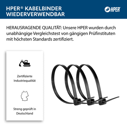 HPER kaablisidemed, korduvkasutatavad, mustad I 360 mm x 7,5 mm I 100 tk lahtikäivad I +15–30% tõmbetugevus ja stabiilsus I 3 aastat UV-kindel I sertifitseeritud kvaliteet