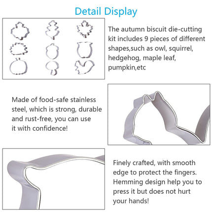 WEDNOK 9pcs Autumn Cookie Cutters Thanksgiving Cookie Cutters Leaves Cookie Cutters Stainless Steel DIY Cookie Cutters with Maple Leaf Oak Leaf Squirrel Acorn Hedgehog Pumpkin for Cookie Fondant Baking