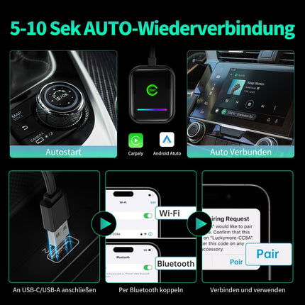 VANBAR Android Auto juhtmevaba adapter, 2-ühes autoraadio Apple Carplay juhtmevaba adapter iOS-i, USB-A ja USB-C pistikprogrammiga autoühenduse loomiseks, sobib AA ja Carplayga autodele