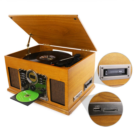 10-ühes plaadimängija Bluetoothi, FM/DAB-raadio, CD- ja kassettmaki, USB/SD-taasesituse ja -salvestusega, vintage-disainiga plaadimängija