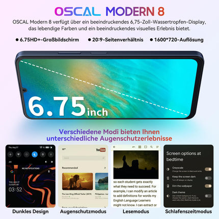 OSCAL Modern 8 Smartphone without contract 256GB+16GB/1TB, 6.75" HD+ 90Hz mobile phone, Octa-core Android phone 2Ghz, 50MP+8MP, 6000mAh/18W fast charging, Fingerprint/Face ID, Dual SIM/WiFi5G/BT5.0/OTG - Black