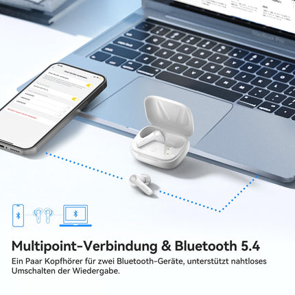 EarFun Air Pro 4 Bluetooth-kõrvaklapid adaptiivse hübriidmüra summutusega, aptX Lossless tehnoloogia, kõrglahutusega heli, LDAC, 6 mikrofoni, cVc 8.0 tehisintellektiga kõned, 52-tunnine aku tööiga, Multipoint, Bluetooth 5.4 ja kõrvasisese tuvastus.