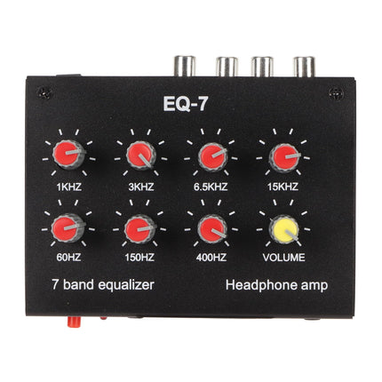 Reguleeritav 7-ribaline ekvalaiser, DC 5-12V 7-ribaline ekvalaiser autovõimendi 3,5 mm liidesega, sagedusvahemikud 60Hz/150Hz/400Hz/1KHz/3KHz/6,5KHz/15KHz (EL-pistik)