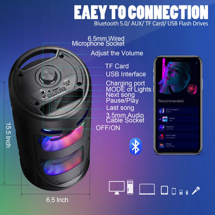 Portable Bluetooth Speaker, 30W Wireless with Dual 4'' Stereo Sound, LED Lighting, Remote Control, Supports EQ, TWS, USB, TF, AUX, for Travel, Home, Party
