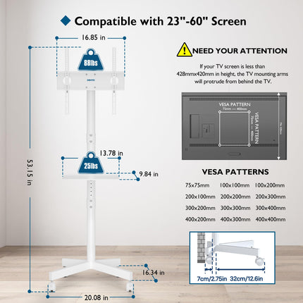 BONTEC mobiilne telerialus ratastel 23–60-tollistele plasma-/LCD-/LED-teleritele, kaasaskantav telerialus sülearvuti riiuliga, reguleeritava kõrgusega rulluv telerialus kuni 25 kg, max. VESA 400x400 mm (valge)