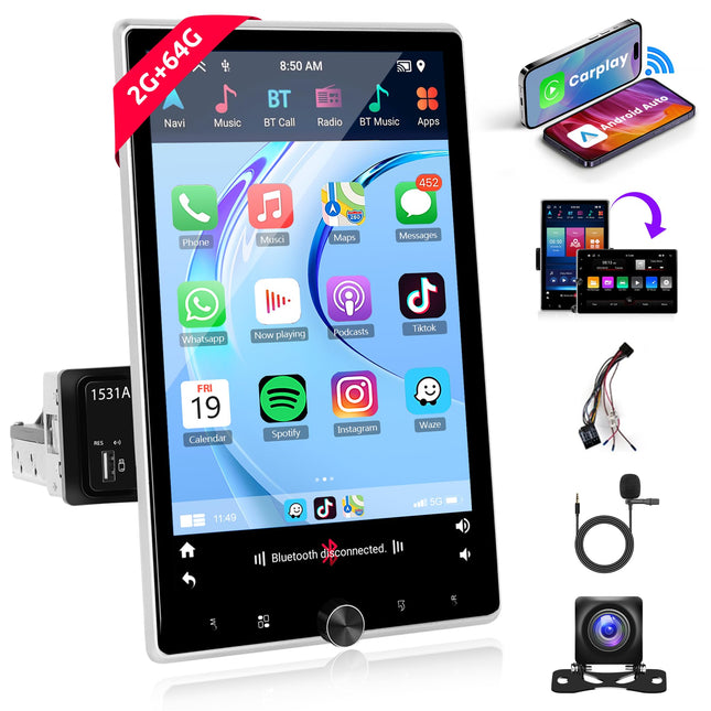2G+64G juhtmevaba Carplay Android autoraadio 1 DIN koos Android Auto GPS Nav WiFi ISO-kaabliga 10,4-tolline käsitsi pööratav ekraan autoraadio peegliühendusega Bluetooth FM/RDS/EQ/DAB/OBD/DVR tahavaatekaamera