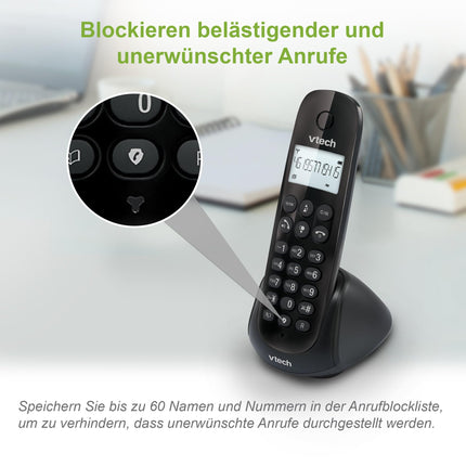 VTech CS1401 DECT Cordless Phone with 2 Handsets, Call Blocker, Speakerphone, Caller ID/Call Waiting, Backlit Display, ECO Mode, Low Radiation, Black