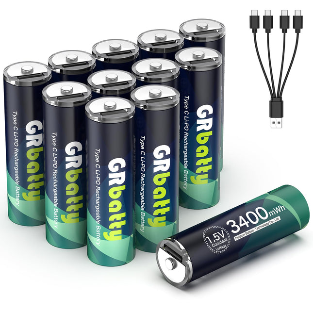 GRbatty USB laetavad AA liitiumakud 12 tk, 1,5 V USB C laetavad akud AA 3400 mWh, 4-ühes laadimiskaabliga, 1-tunnine kiirlaadimine