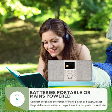 MangoKit SR20 stereo WiFi internetiraadio DAB/DAB+ digitaalraadioga, taskuhäälingumängija, nutikad raadiod Bluetoothiga, FM-raadio, köögiraadio vooluvõrgust ja akutoitega, värviline ekraan, topeltäratus - pähklipuu