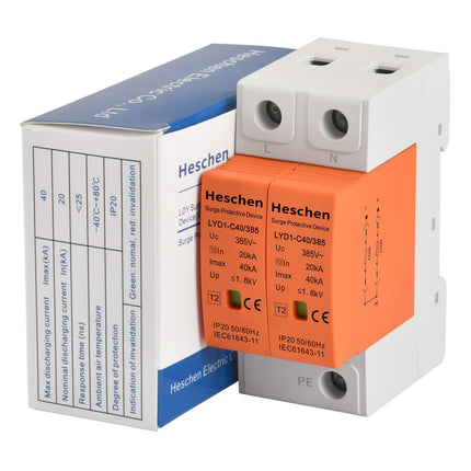 Hescheni ülepingekaitseseade, LYD1-C40/385, 2P 385V 20KA, tulekindel, madalpingekaitsega, 35 mm DIN-rööpale kinnitatav