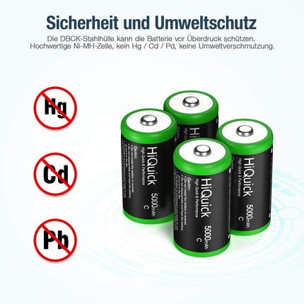 HiQuick Baby C-tüüpi aku, Ni-MH laetav C-tüüpi aku, suure mahutavusega 5000mAh, 1200 tsüklit, 1,2V C-tüüpi aku (4 tk pakis)